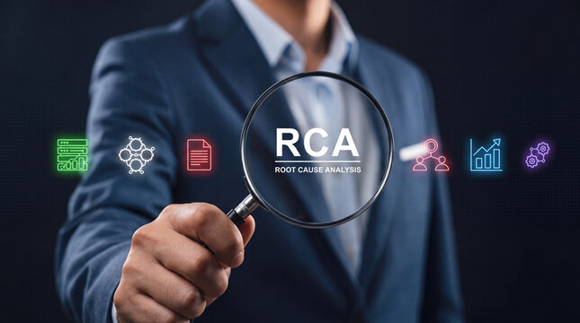 Businessman Holding Magnifying Glass Focusing on RCA Root Cause Analysis Text Surrounded by Futuristic Digital Business Icons for Problem Solving, Corporate Strategy, and Performance Audit
