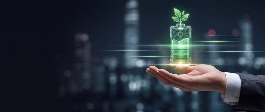 Businessman hand holding glowing green eco-friendly battery hologram with growing leaves on blurred night city background, representing renewable energy, sustainable technology, and net zero