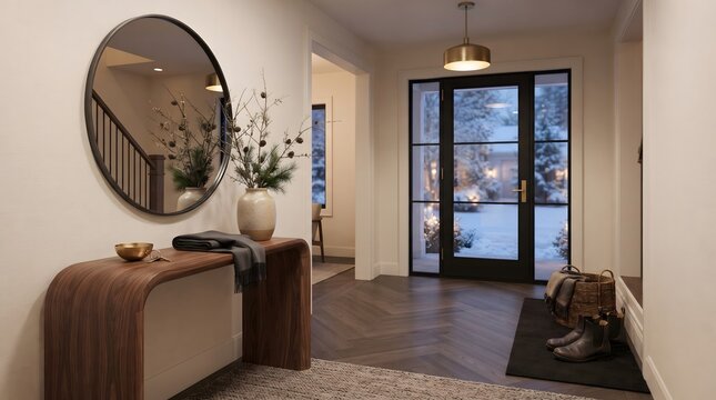 Modern entryway interior with a round mirror and wooden console table in a contemporary home