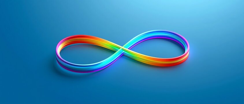 A vibrant rainbow infinity symbol with smooth gradient colors and soft shadows rests centered on a solid blue surface under even studio lighting, conveying themes of neurodiversity, inclusion