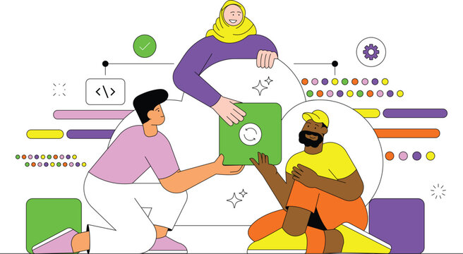 Teamwork vector illustration with diverse people collaborating on a green software update project