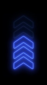 Glowing Blue Upward Chevron Arrows Animation with Neon Light Effect on Black Background