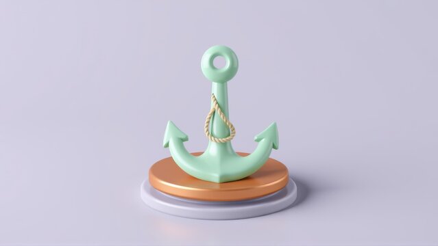 Mint anchor rests upon copper, lavender platforms. Minimalist design, soft lighting creates subtle shadows. Clean presentation, simple composition.