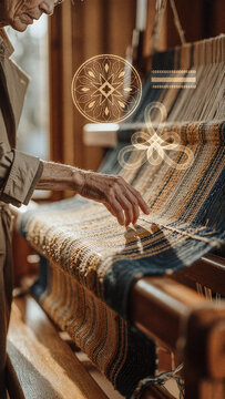 Artisan touches striped textile on a large wooden loom during production. Warm sunlight illuminates the woven fibers, revealing intricate patterns and gold geometric symbols floating above.