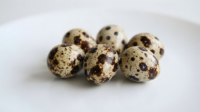 Speckled quail eggs rest on a white surface close up photography