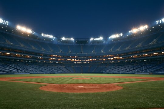 Empty baseball stadium at night with bright spotlights illuminating the diamond field, pristine green grass, red dirt pitcher mound, rows of blue seats in dark stands under deep blue sky