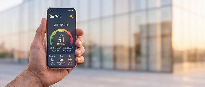 A close-up of a person's hand holding a smartphone displaying an air quality index app with moderate AQI 51, weather forecast, and pollution levels against a blurred modern urban background.