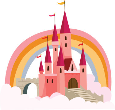 Pink Fairytale Castle in the Clouds with Rainbow Vector Illustration