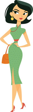 Retro Asian Woman in Green Cheongsam Qipao Dress Vector Illustration