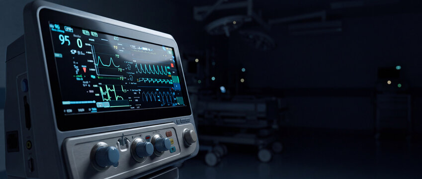 Atmospheric view of a high-tech medical heart rate monitor displaying vital sign waveforms on a digital screen within a dark hospital operating theater or intensive care unit ward