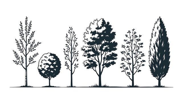 Set of stylish young trees in elevation view for use in architectural drawings 
