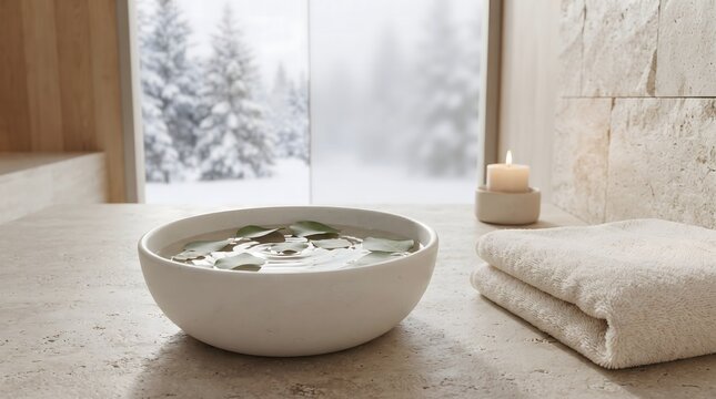 Tranquil stone soaking tub with water and petals overlooking a snowy winter landscape