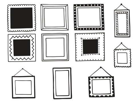 Hand drawn doodle picture photo frame set square rectangle hanging wall art frame decorative border gallery line vector art