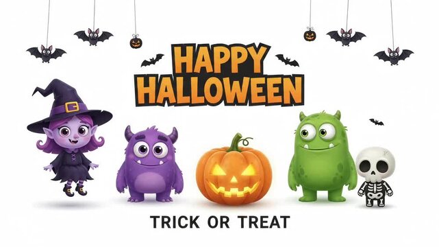 Cute 3D animated Halloween character lineup of monsters, a witch, and a skeleton with festive text isolated on a clean white video background
