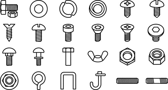 Assorted metal fasteners and hardware icons