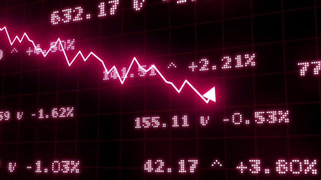 Neon Glow Stock Market Downward Trend Animation with Financial Data and Falling Arrow