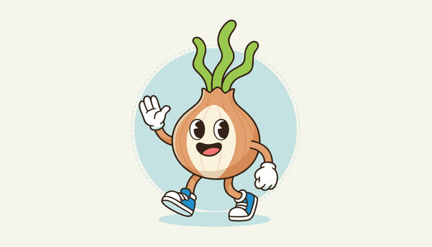Friendly cartoon onion bulb character waving hello while walking in sneakers inside a light blue circular frame.