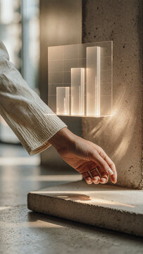 Hand reaches toward a floating translucent bar chart displaying ascending white columns against a concrete wall in warm sunlight. The glowing graphic features subtle grid lines.