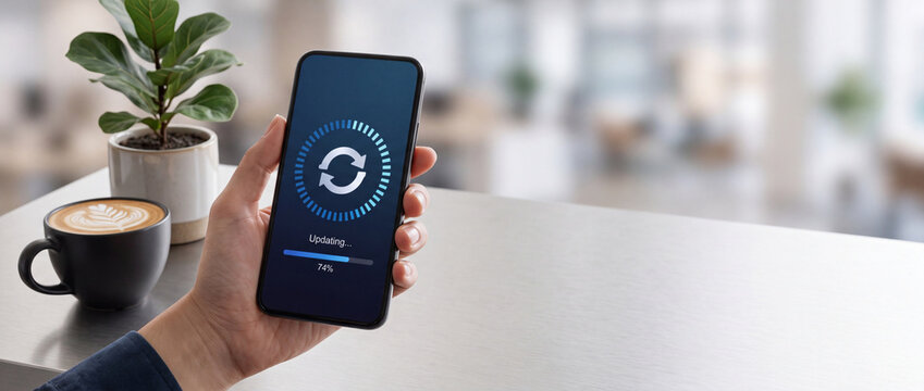 Close up of a hand holding a generic smartphone showing a software system update progress bar and loading icon on the screen in a bright office or cafe interior with coffee and a plant.