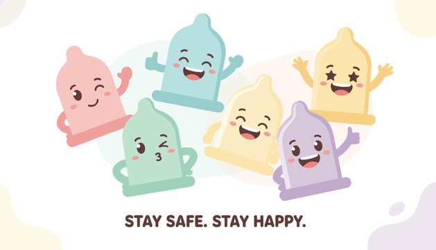 Group of colorful condom cartoon characters with happy faces and positive gestures promoting the message stay safe stay happy.