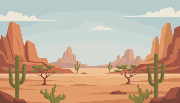 Scenic desert landscape featuring towering red rock canyons, green saguaro cacti, and wild acacia trees.