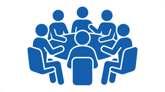 Blue business meeting icon vector graphic with team sitting at round conference table for corporate presentation