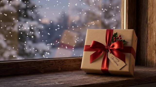 雪が静かに降る冬の窓辺の空間、木のぬくもりがある窓枠のカウンター、上品な包装紙と赤いサテンリボンで結ばれたクリスマスプレゼントのギフトボックス