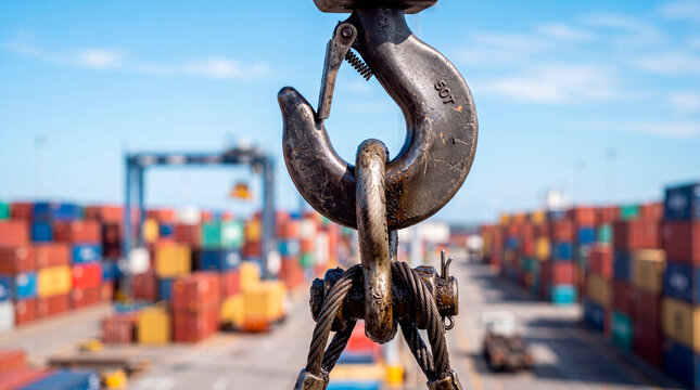 Macro heavy crane hook shackle in a container yard with bokeh effect and clear blue sky