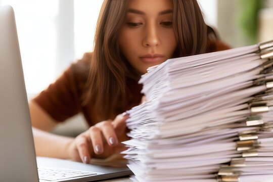 Woman working at desk with laptop while reviewing a stack of documents