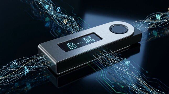 Hardware crypto wallet with glowing digital data streams and cybersecurity lock icon