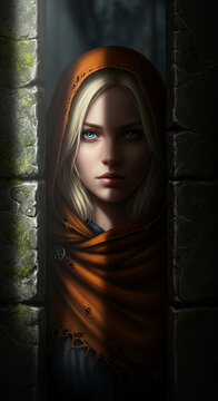 Young woman with blonde hair and blue eyes peeking through ancient stone walls, cloaked in orange fabric, symbolizing mystery and resilience
