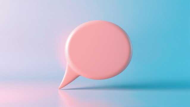Pink speech bubble stands out against blue, black gradient. Minimalist design, smooth surface, reflection visible. Simple communication concept.