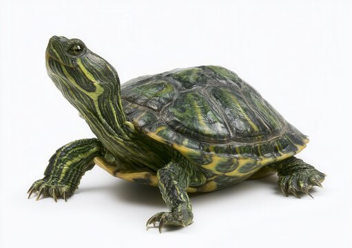 Turtle sitting on a flat surface with its head raised and legs extended