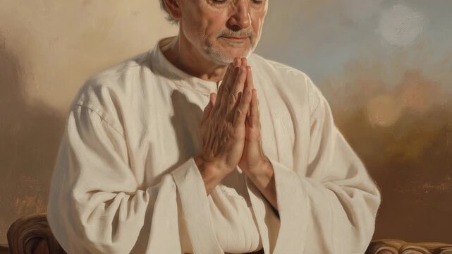 Serene peaceful man with closed eyes praying in calm meditation moment spiritual mindfulness