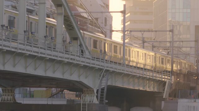 反射する夕陽に照らされる電車
