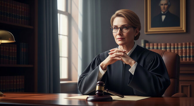 A judge in a courtroom, seated at a desk, presides over proceedings. Symbolizes justice, law, and legal authority.