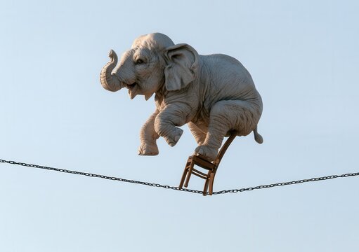 Elephant performing on a chair above a tightrope during a circus show at an outdoor event