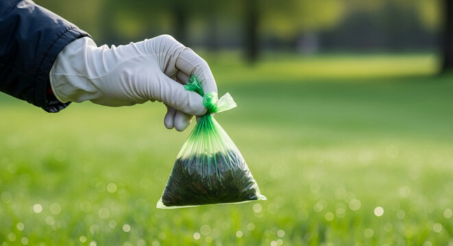 Hand in glove holds a green bag with dark contents against a blurred green background of grass and trees, symbolizing eco-responsibility and waste management