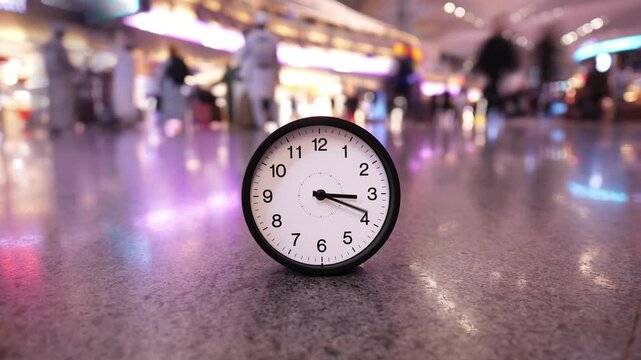 Lost in travel hustle. Abnormal fast spinning hands of round analog alarm clock standing on floor showing accelerated time lapse, while mass of blurred travelers rush and bustle toward boarding gates