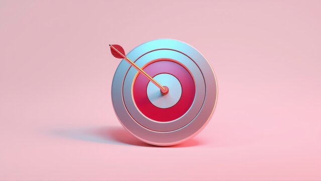 Target with arrow hitting bullseye. Soft pink background creates minimalist aesthetic. Focus on precision, success, achievement.