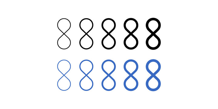 Black and blue infinity symbol set with varying line weights for mathematics or endless concepts.