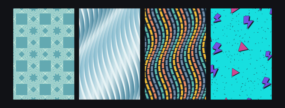 Set of four diverse geometric and abstract patterns featuring linear and retro graphic designs