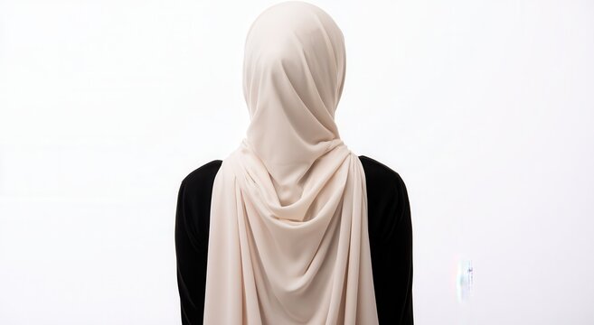 Person wearing a light-colored hijab facing away from the camera in a simple indoor setting