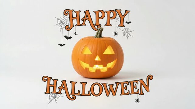 Glowing 3D Jack-o'-lantern centered between Happy Halloween typography and spooky vector doodles on a clean white animated video background

