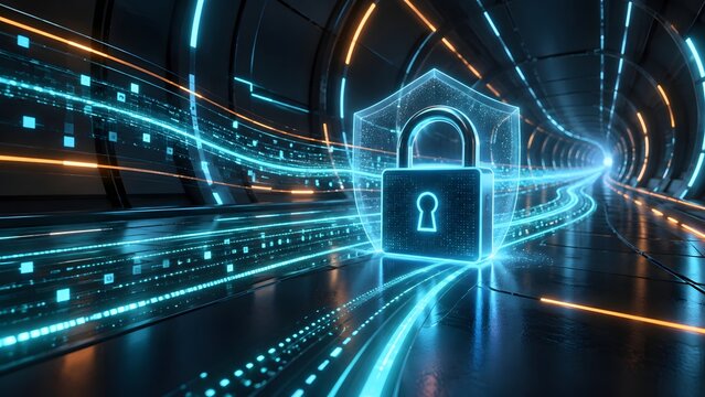 Futuristic glowing blue padlock and shield inside a high speed digital data tunnel, VPN encryption and secure internet connection concept