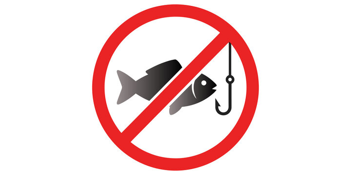 No fishing sign symbol prohibition icon with fish and hook for banned activity and restriction notice.