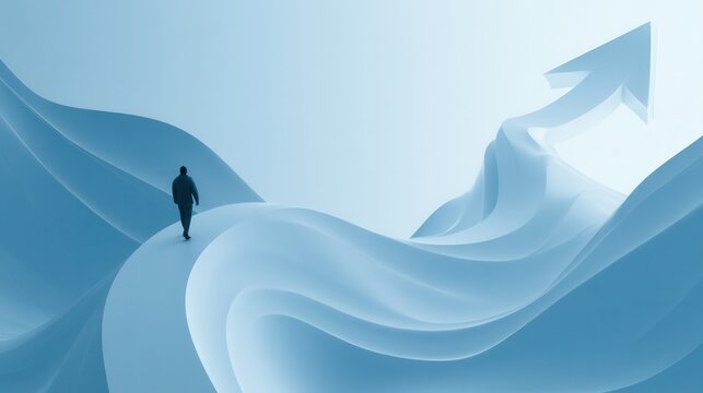 Person walks on a winding path with an upward arrow against a light blue background