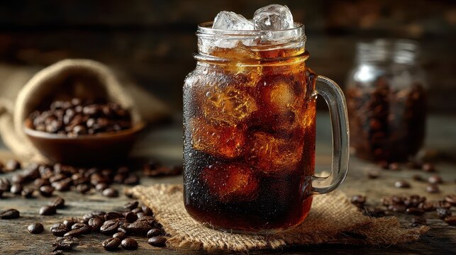 Refreshing cold brew coffee with ice cubes in a glass jar on rustic wooden table with coffee beans