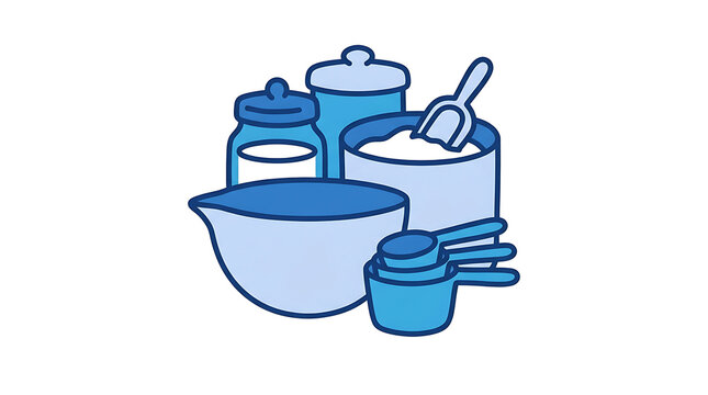 Blue line art icon of baking ingredients and kitchen measuring tools