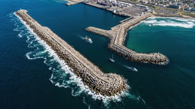 Aerial view of a complex breakwater system protecting a busy industrial port from ocean waves, showcasing maritime infrastructure and navigation.